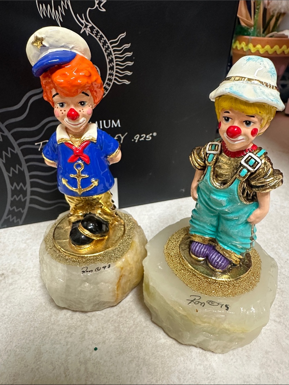 Ron Lee bundle of 2 kid clowns . One in sailor 93  one in overalls 95 on granite